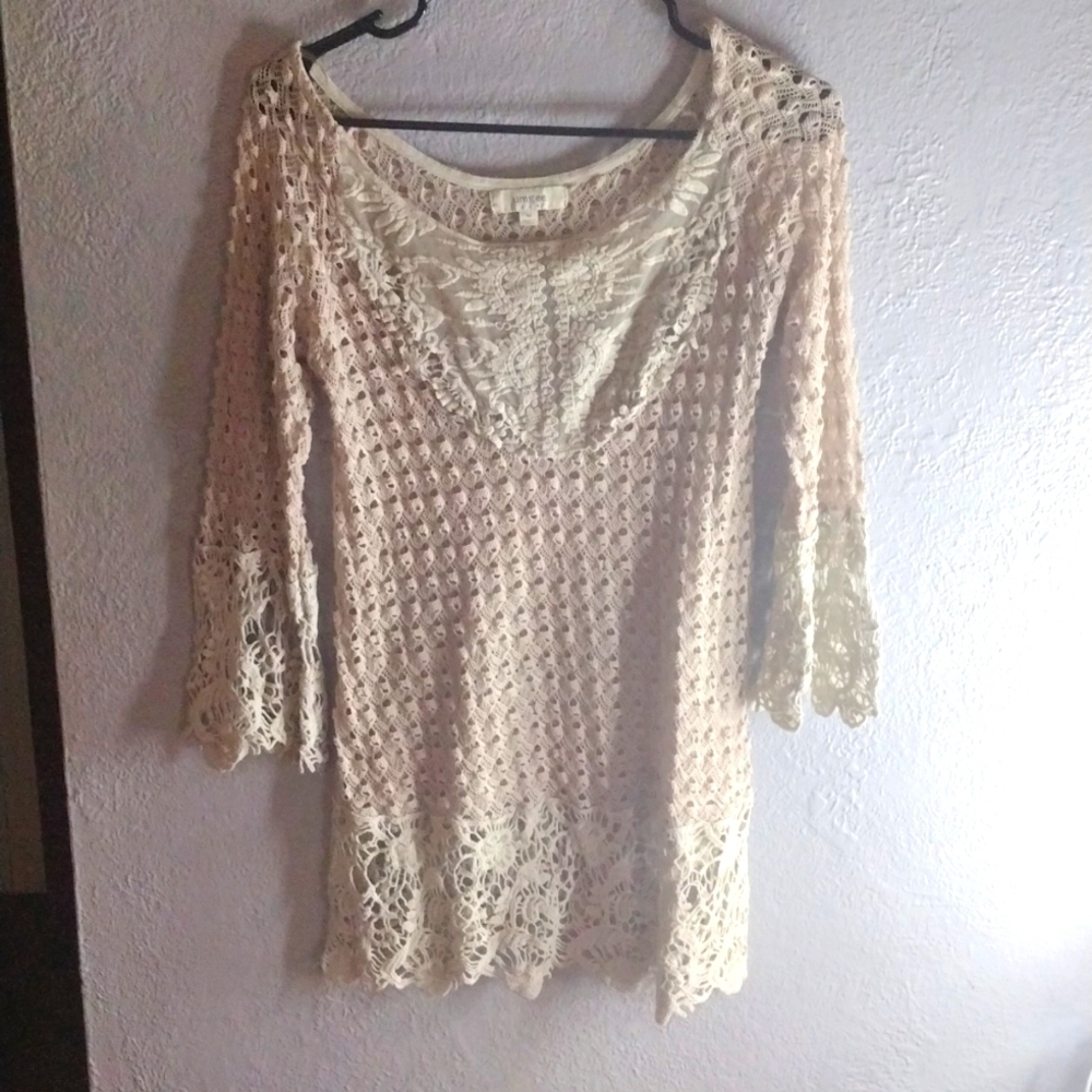Lace Embroidered Tan Bohemian Tunic Top Umgee M